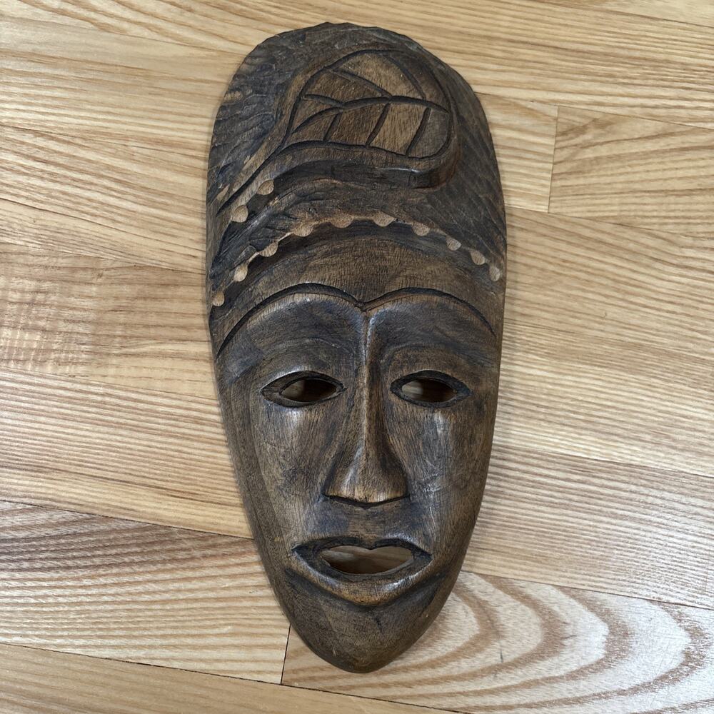 Hand Carved Wooden African Mask Wall Hanging Tribal Leaf Headdress Beautiful!